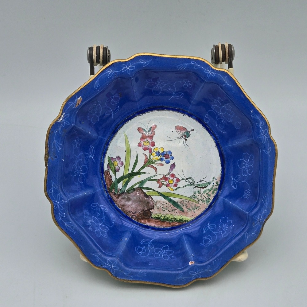 Vintage Chinese Canton Enamel Butterfly Mantis Floral Trinket Bowl Hand Painted